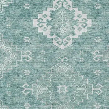 9' X 12' Aqua Teal Blue And Ivory Medallion Washable Indoor Outdoor Area Rug