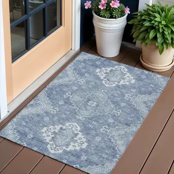 3' X 5' Navy Blue And Denim Blue Medallion Washable Indoor Outdoor Area Rug