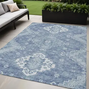 5' X 8' Navy Blue And Denim Blue Medallion Washable Indoor Outdoor Area Rug