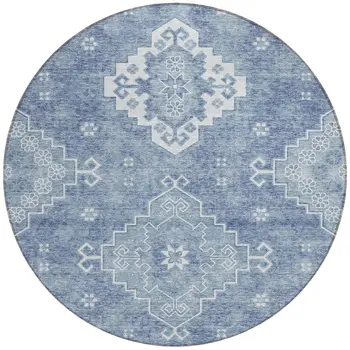 8' Navy Blue And Denim Blue Round Medallion Washable Indoor Outdoor Area Rug