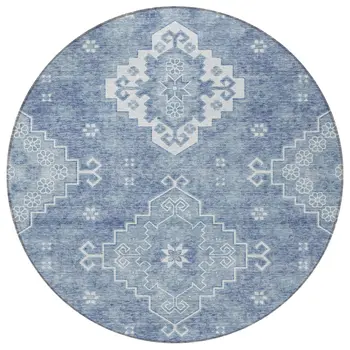 8' Navy Blue And Denim Blue Round Medallion Washable Indoor Outdoor Area Rug