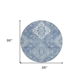 8' Navy Blue And Denim Blue Round Medallion Washable Indoor Outdoor Area Rug