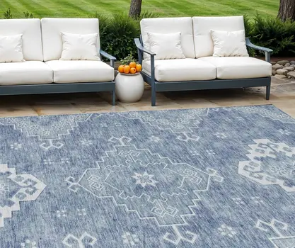 8' X 10' Navy Blue And Denim Blue Medallion Washable Indoor Outdoor Area Rug