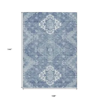 9' X 12' Navy Blue And Denim Blue Medallion Washable Indoor Outdoor Area Rug