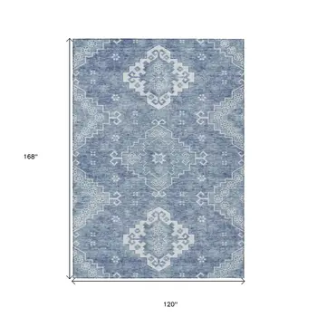10' X 14' Navy Blue And Denim Blue Medallion Washable Indoor Outdoor Area Rug