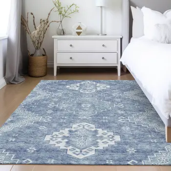 10' X 14' Navy Blue And Denim Blue Medallion Washable Indoor Outdoor Area Rug