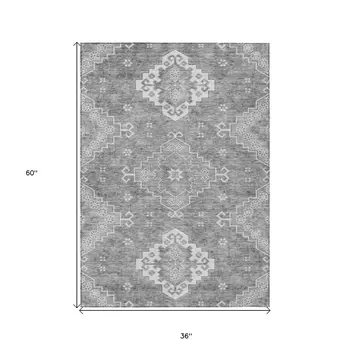 3' X 5' Gray And Ivory Medallion Washable Indoor Outdoor Area Rug