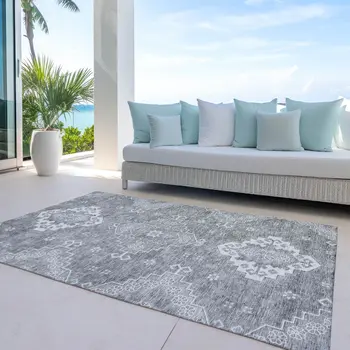 3' X 5' Gray And Ivory Medallion Washable Indoor Outdoor Area Rug