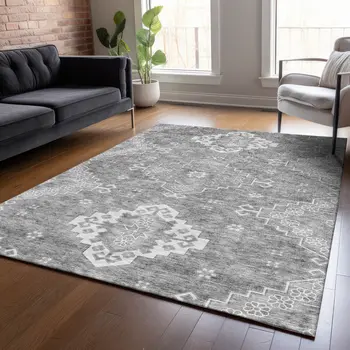 3' X 5' Gray And Ivory Medallion Washable Indoor Outdoor Area Rug