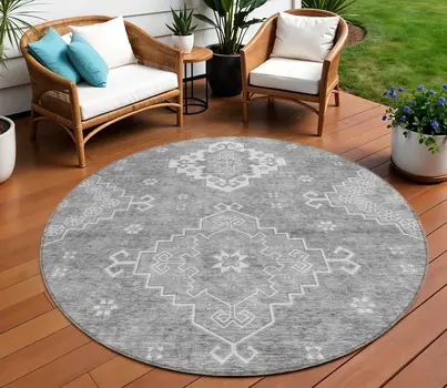 8' Gray And Ivory Round Medallion Washable Indoor Outdoor Area Rug