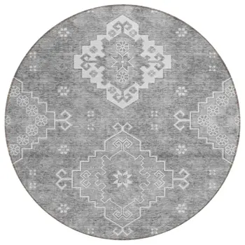 8' Gray And Ivory Round Medallion Washable Indoor Outdoor Area Rug