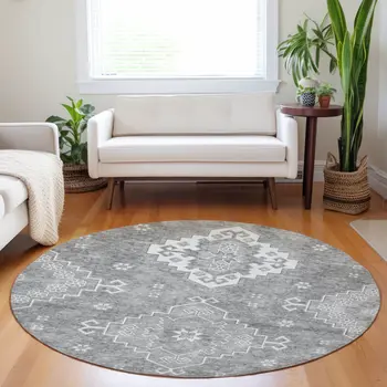 8' Gray And Ivory Round Medallion Washable Indoor Outdoor Area Rug