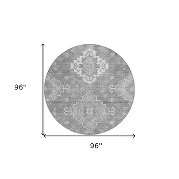 8' Gray And Ivory Round Medallion Washable Indoor Outdoor Area Rug
