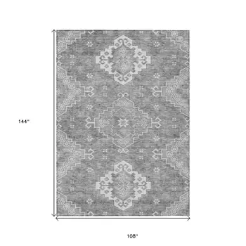 9' X 12' Gray And Ivory Medallion Washable Indoor Outdoor Area Rug