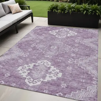 5' X 8' Lavender Plum And Ivory Medallion Washable Indoor Outdoor Area Rug