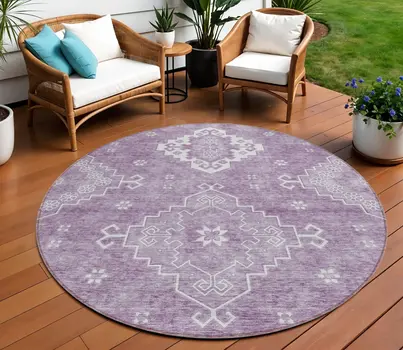 8' Lavender Plum And Ivory Round Medallion Washable Indoor Outdoor Area Rug