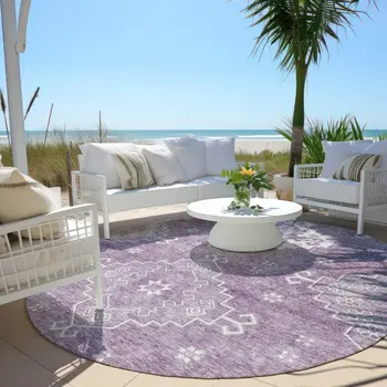 8' Lavender Plum And Ivory Round Medallion Washable Indoor Outdoor Area Rug