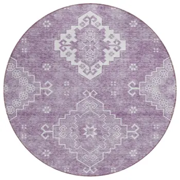 8' Lavender Plum And Ivory Round Medallion Washable Indoor Outdoor Area Rug