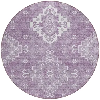 8' Lavender Plum And Ivory Round Medallion Washable Indoor Outdoor Area Rug