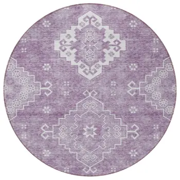 8' Lavender Plum And Ivory Round Medallion Washable Indoor Outdoor Area Rug