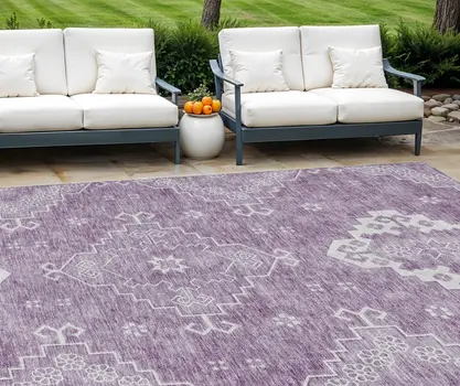 8' X 10' Lavender Plum And Ivory Medallion Washable Indoor Outdoor Area Rug
