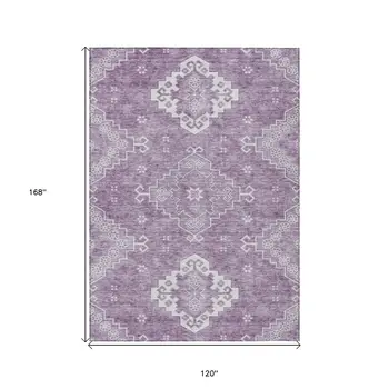 10' X 14' Lavender Plum And Ivory Medallion Washable Indoor Outdoor Area Rug