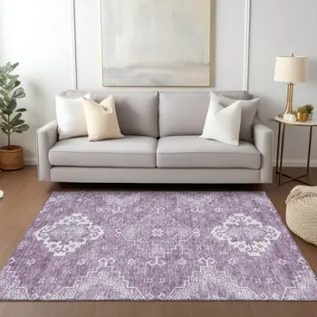 10' X 14' Lavender Plum And Ivory Medallion Washable Indoor Outdoor Area Rug