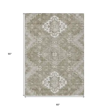 5' X 8' Taupe Beige And Ivory Medallion Washable Indoor Outdoor Area Rug