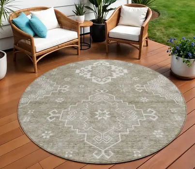 8' Taupe Beige And Ivory Round Medallion Washable Indoor Outdoor Area Rug