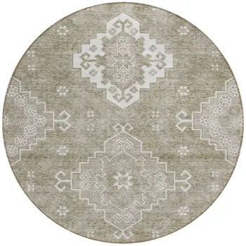 8' Taupe Beige And Ivory Round Medallion Washable Indoor Outdoor Area Rug