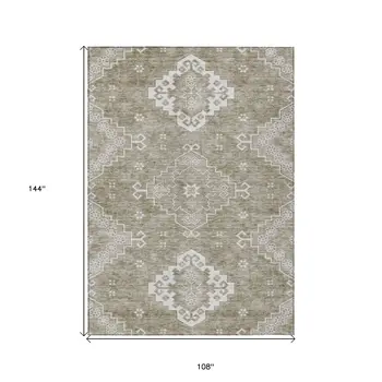 9' X 12' Taupe Beige And Ivory Medallion Washable Indoor Outdoor Area Rug