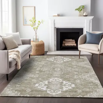9' X 12' Taupe Beige And Ivory Medallion Washable Indoor Outdoor Area Rug