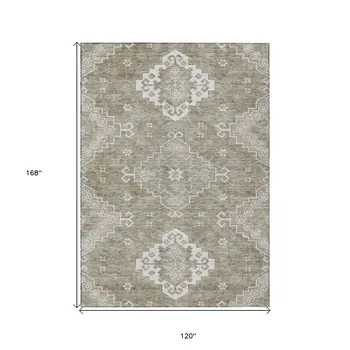 10' X 14' Taupe Beige And Ivory Medallion Washable Indoor Outdoor Area Rug
