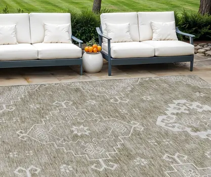 10' X 14' Taupe Beige And Ivory Medallion Washable Indoor Outdoor Area Rug
