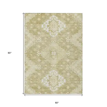 5' X 8' Wheat Gold And Ivory Medallion Washable Indoor Outdoor Area Rug