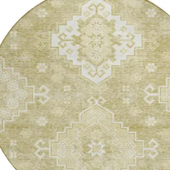 8' Wheat Gold And Ivory Round Medallion Washable Indoor Outdoor Area Rug