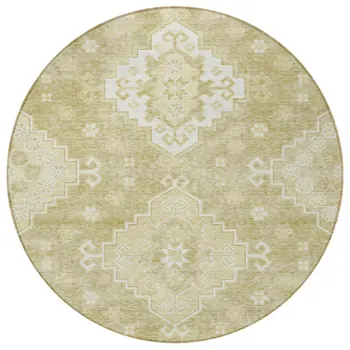 8' Wheat Gold And Ivory Round Medallion Washable Indoor Outdoor Area Rug