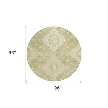 8' Wheat Gold And Ivory Round Medallion Washable Indoor Outdoor Area Rug
