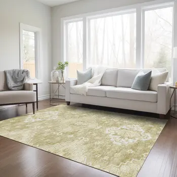 8' X 10' Wheat Gold And Ivory Medallion Washable Indoor Outdoor Area Rug
