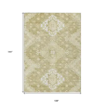 9' X 12' Wheat Gold And Ivory Medallion Washable Indoor Outdoor Area Rug