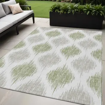 5' X 8' Artichoke Green Ivory And Gray Ikat Washable Indoor Outdoor Area Rug