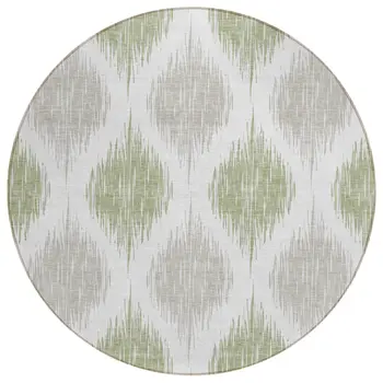 8' Artichoke Green Ivory And Gray Round Ikat Washable Indoor Outdoor Area Rug