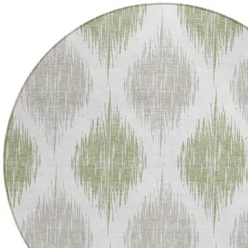 8' Artichoke Green Ivory And Gray Round Ikat Washable Indoor Outdoor Area Rug