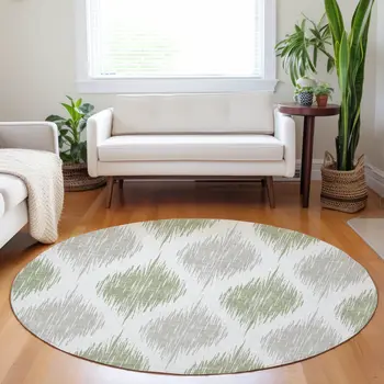 8' Artichoke Green Ivory And Gray Round Ikat Washable Indoor Outdoor Area Rug