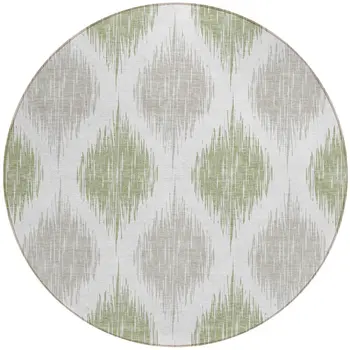 8' Artichoke Green Ivory And Gray Round Ikat Washable Indoor Outdoor Area Rug
