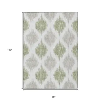 8' X 10' Artichoke Green Ivory And Gray Ikat Washable Indoor Outdoor Area Rug