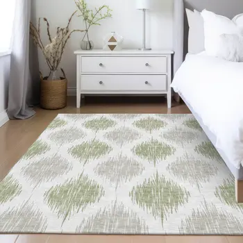 8' X 10' Artichoke Green Ivory And Gray Ikat Washable Indoor Outdoor Area Rug