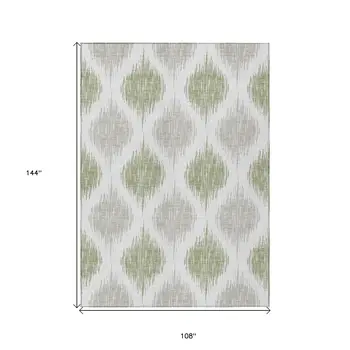 9' X 12' Artichoke Green Ivory And Gray Ikat Washable Indoor Outdoor Area Rug