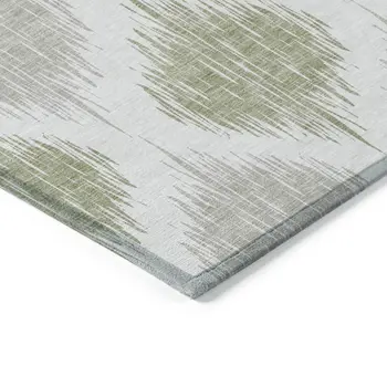 9' X 12' Artichoke Green Ivory And Gray Ikat Washable Indoor Outdoor Area Rug