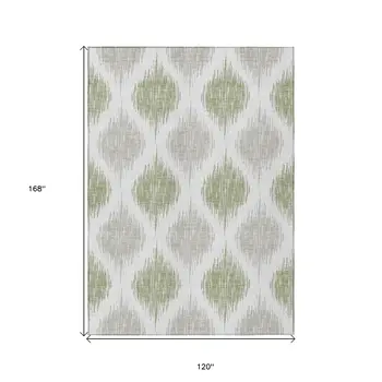 10' X 14' Artichoke Green Ivory And Gray Ikat Washable Indoor Outdoor Area Rug